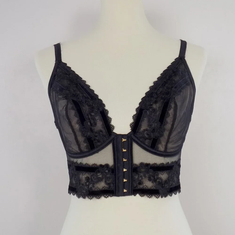 2 items! brand new! bra panty set velvet trim luxe embroidered flower
